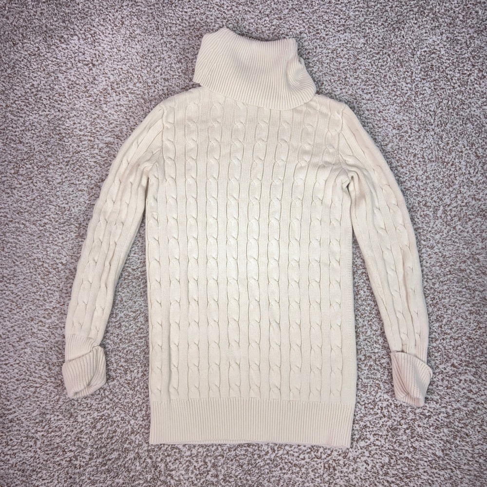 Ralph Lauren Sport Turtleneck Sweater Women S Cream Cable Knit Cotton Pony Logo - Picture 5 of 8